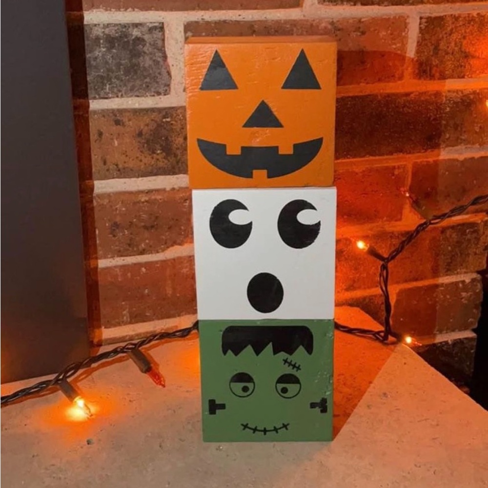 Handmade Wood Blocks Decor‎ Set Pumpkin Ghost Frankenstein